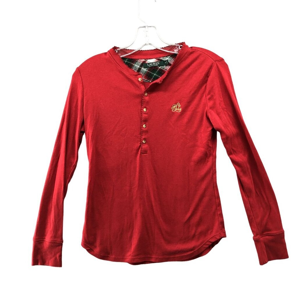 Lauren Ralph Lauren Henley Pajama Shirt Womens S Red Embroidered Long Sleeve